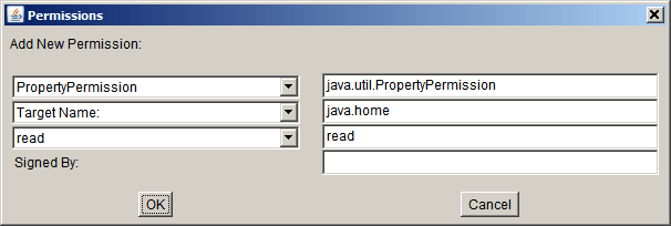 权限对话框，其中 java home 属性设置为 read